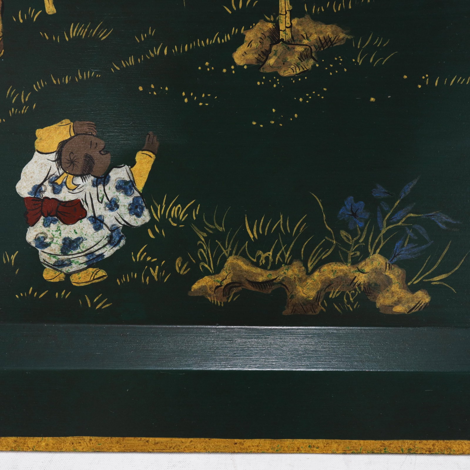 Vintage Dark Green Lacquer Rectangular Tray With Hand Painted Gold Asian Festival Scene and Chinoise - 11