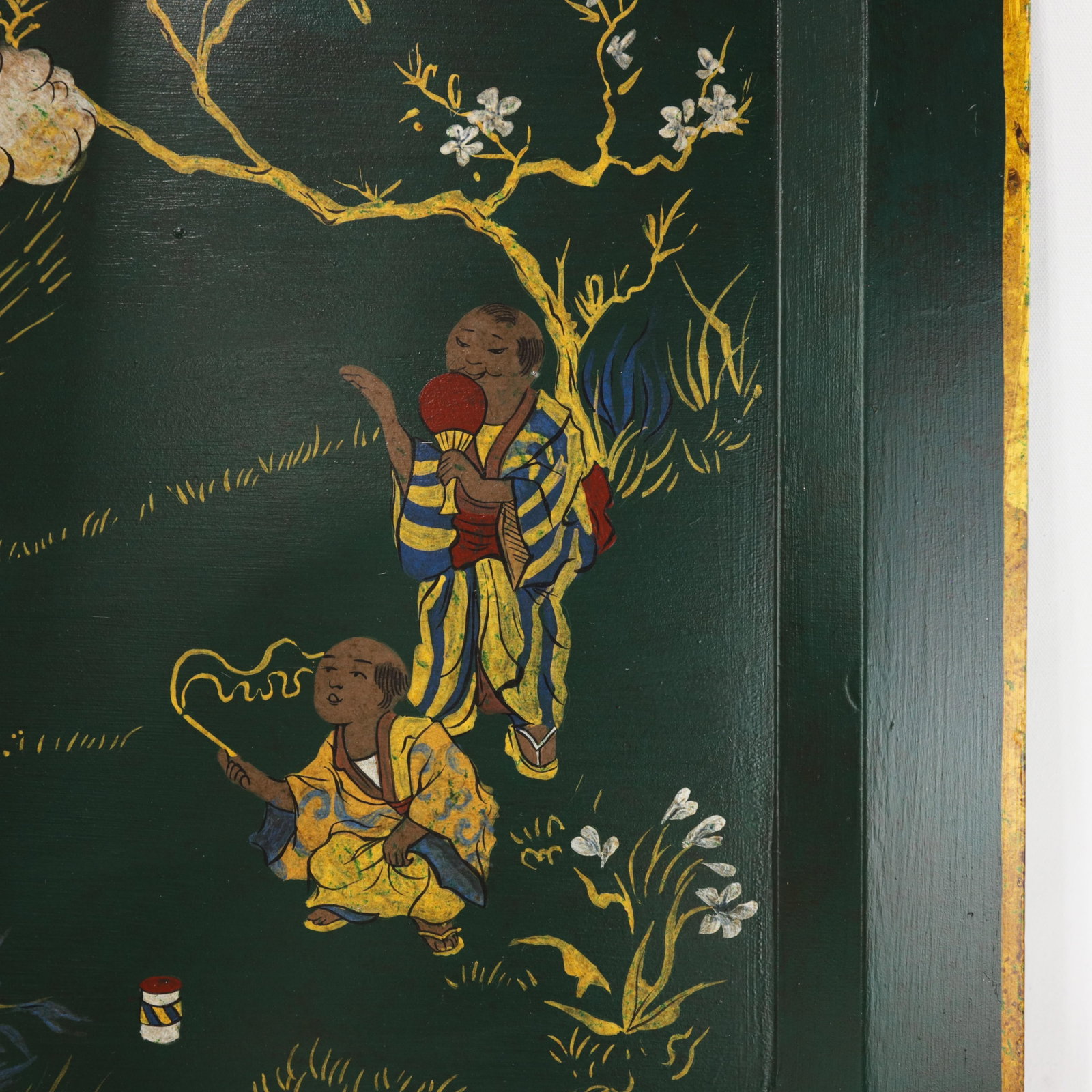 Vintage Dark Green Lacquer Rectangular Tray With Hand Painted Gold Asian Festival Scene and Chinoise - 12