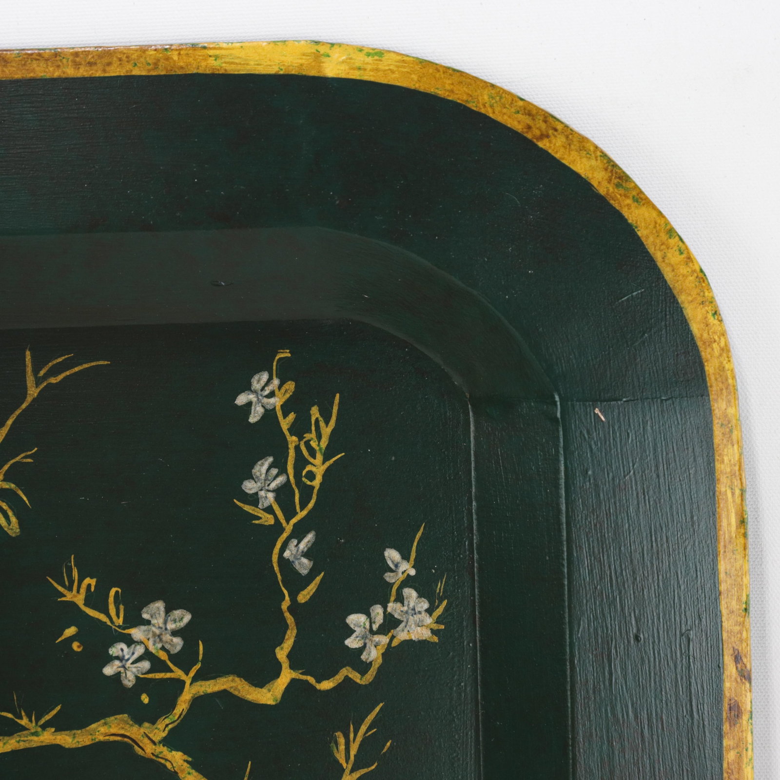 Vintage Dark Green Lacquer Rectangular Tray With Hand Painted Gold Asian Festival Scene and Chinoise - 13