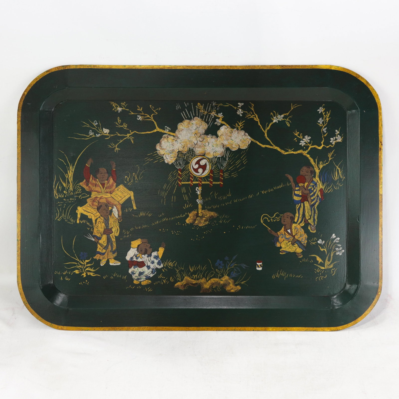 Vintage Dark Green Lacquer Rectangular Tray With Hand Painted Gold Asian Festival Scene and Chinoise - 14
