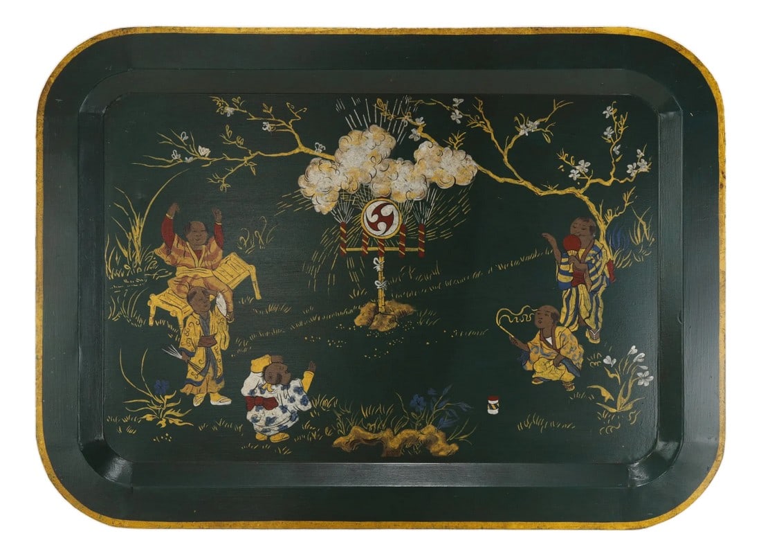 Vintage Dark Green Lacquer Rectangular Tray With Hand Painted Gold Asian Festival Scene and Chinoise: This elegant vintage rectangular tray features a deep, dark green lacquer finish and a refined gold-painted rim that beautifully captures a classic Chinoiserie aesthetic. The center is adorned with a