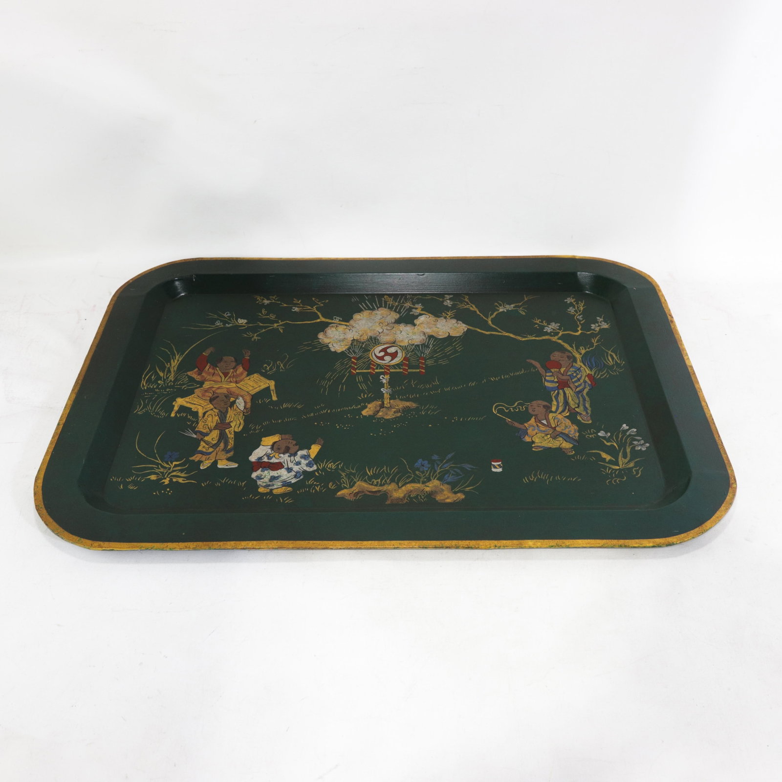 Vintage Dark Green Lacquer Rectangular Tray With Hand Painted Gold Asian Festival Scene and Chinoise - 2