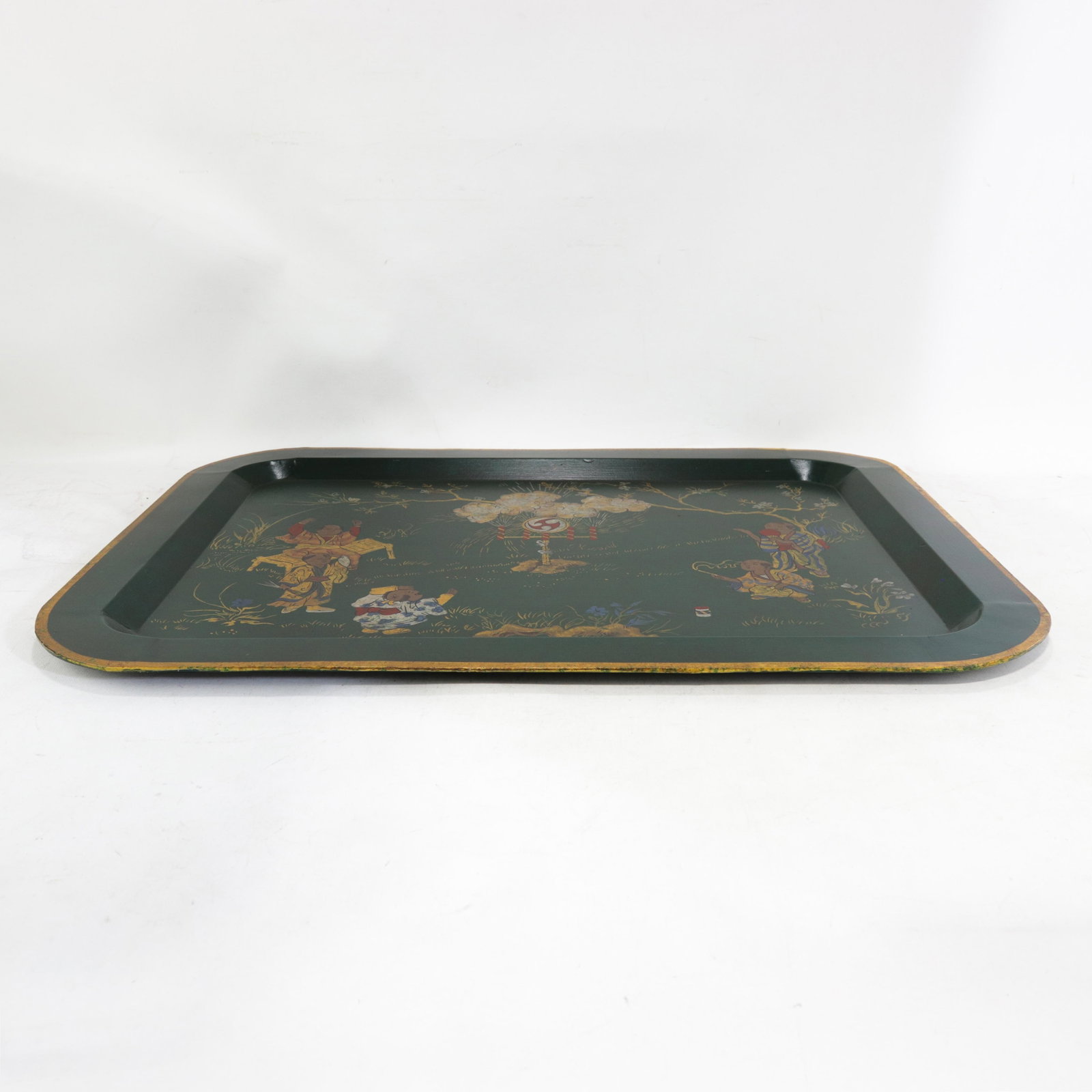 Vintage Dark Green Lacquer Rectangular Tray With Hand Painted Gold Asian Festival Scene and Chinoise - 3