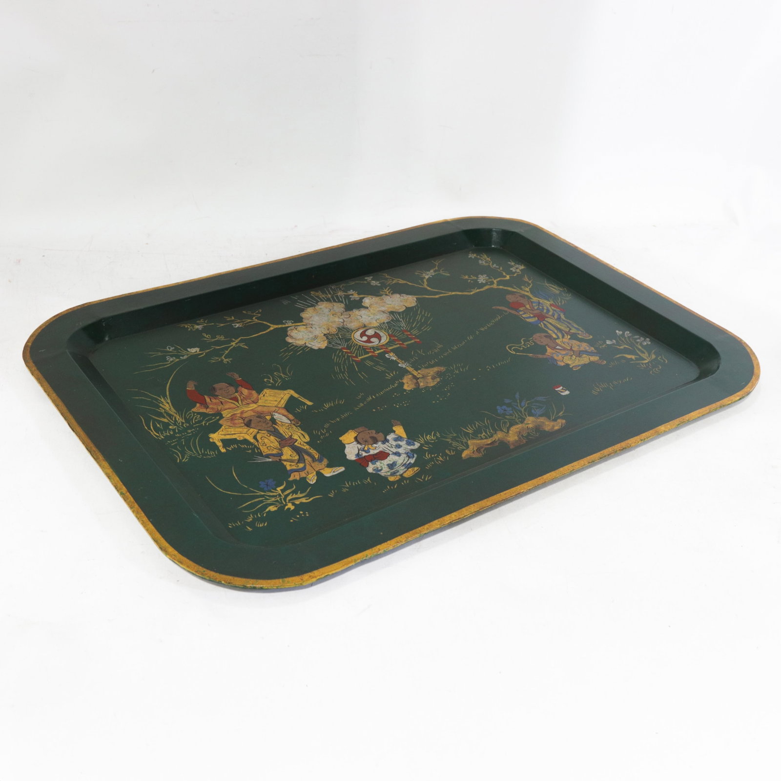 Vintage Dark Green Lacquer Rectangular Tray With Hand Painted Gold Asian Festival Scene and Chinoise - 4