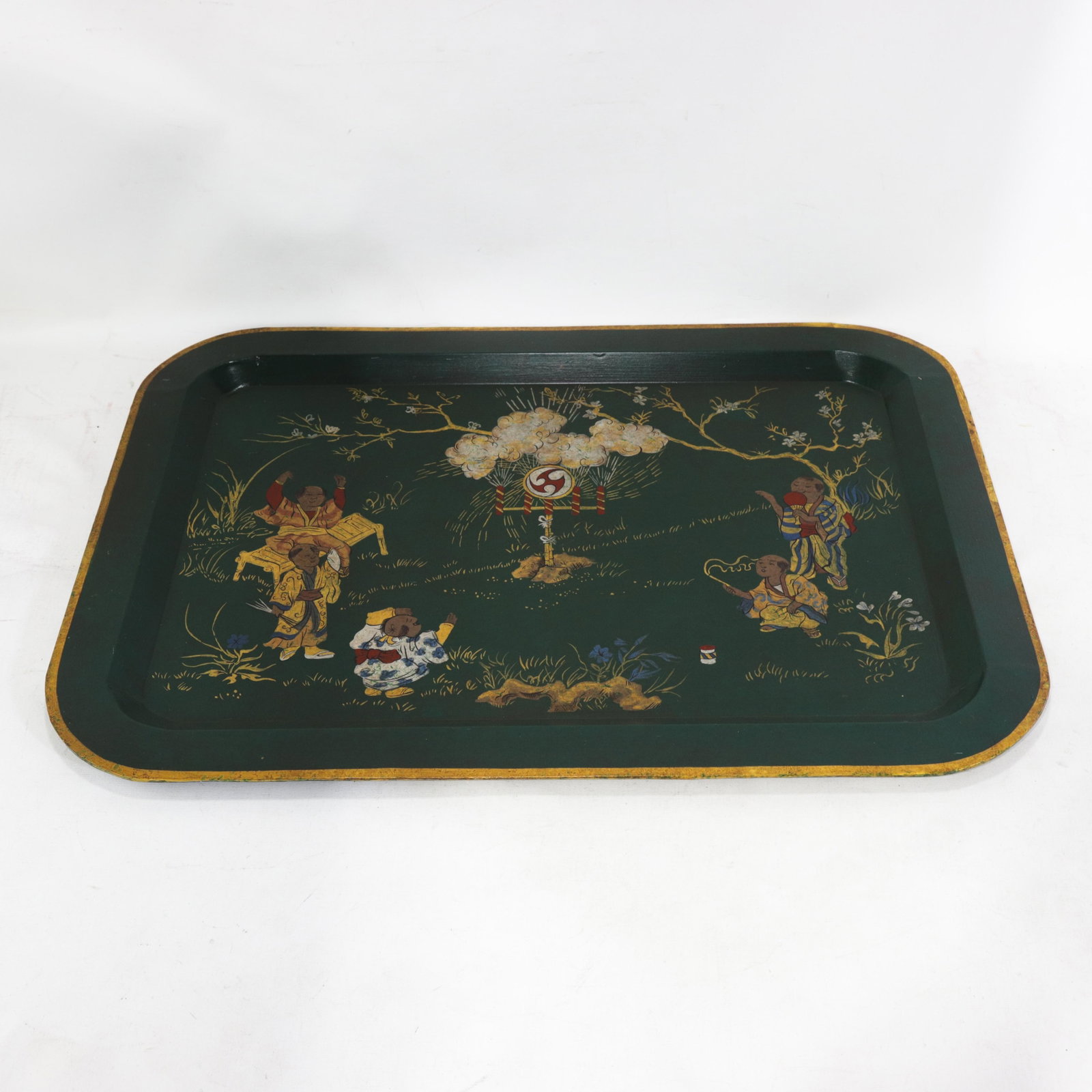 Vintage Dark Green Lacquer Rectangular Tray With Hand Painted Gold Asian Festival Scene and Chinoise - 6