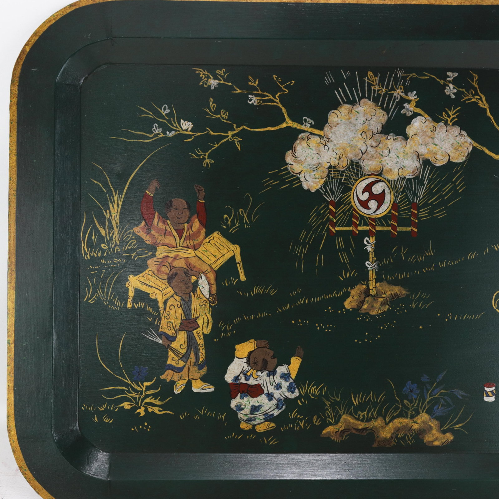 Vintage Dark Green Lacquer Rectangular Tray With Hand Painted Gold Asian Festival Scene and Chinoise - 7