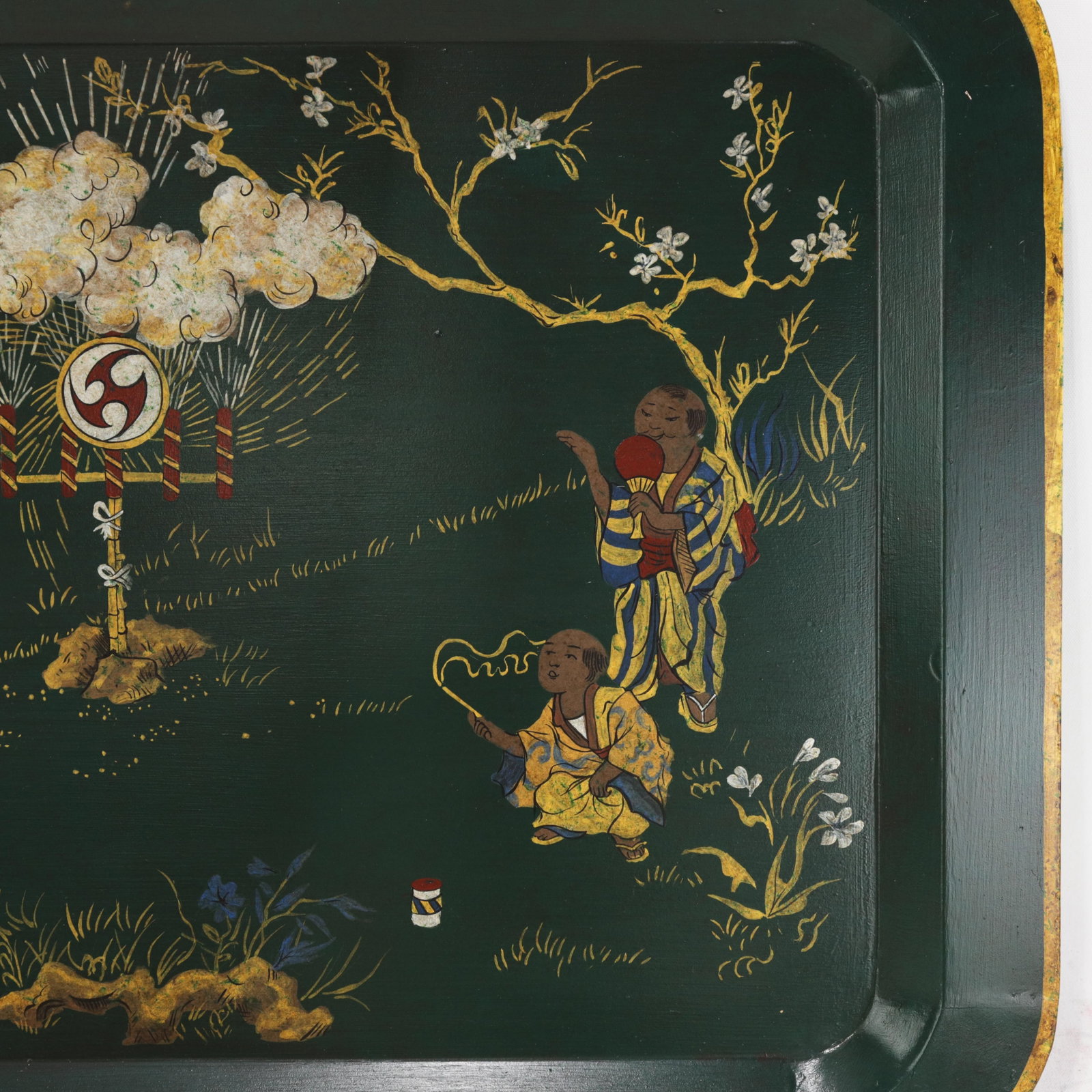 Vintage Dark Green Lacquer Rectangular Tray With Hand Painted Gold Asian Festival Scene and Chinoise - 8