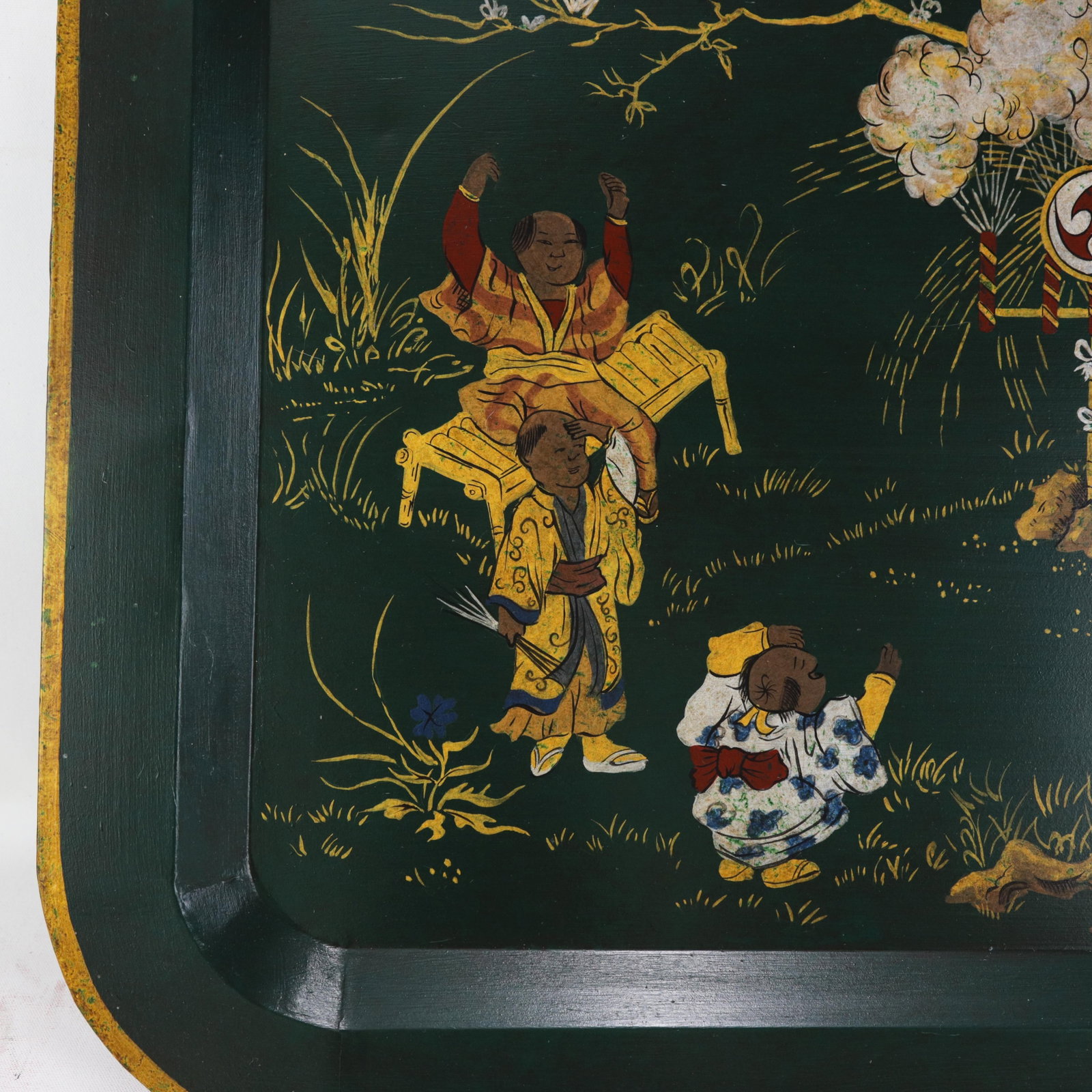 Vintage Dark Green Lacquer Rectangular Tray With Hand Painted Gold Asian Festival Scene and Chinoise - 9