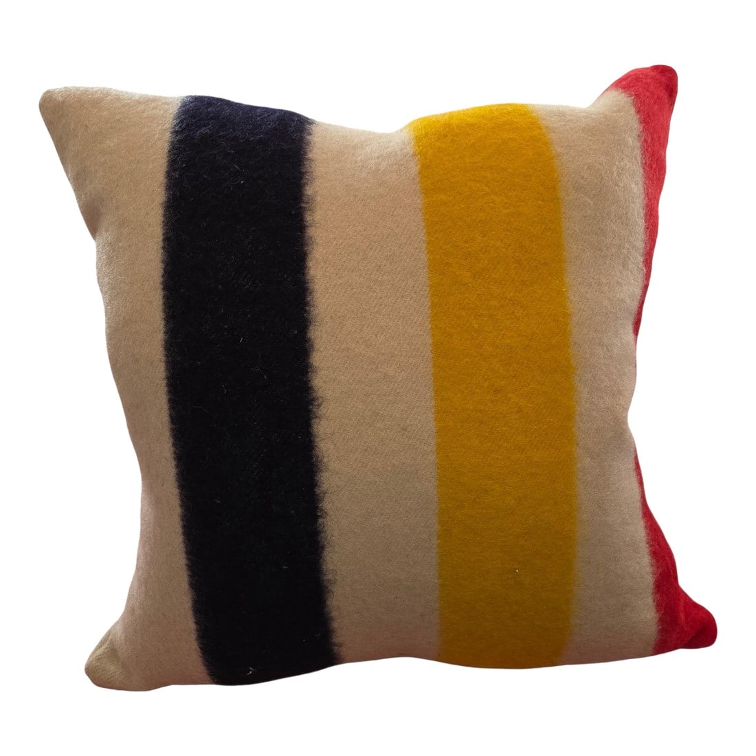 Vintage Hudson Bay Pillow: Iconic 22in pillow. This was hand stitched, made from a Hudson Bay Point Blanket with the original gold label. This is 100 percent wool, with the red, yellow and black stripes. Fabulous addition to yo