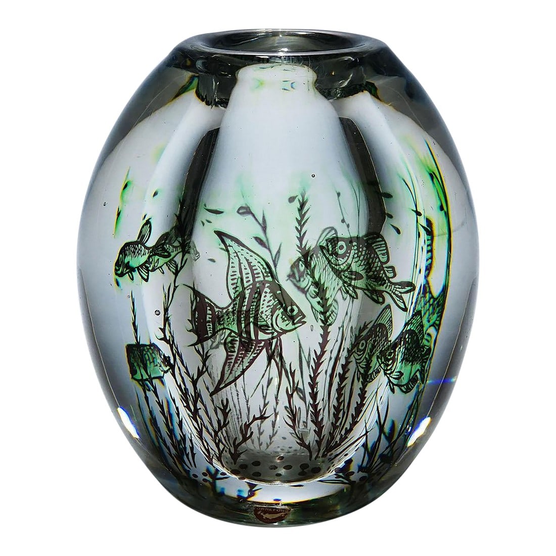 Vintage Fish Graal Vase by Edward Hald for Orrefors, Sweden 1947: Vintage Fish Graal Vase by Edward Hald for Orrefors, Sweden 1947 A vintage vase of the Graal series designed by Edward Hald for Orrefors Sweden in 1938. Clear and green glass decorated with
