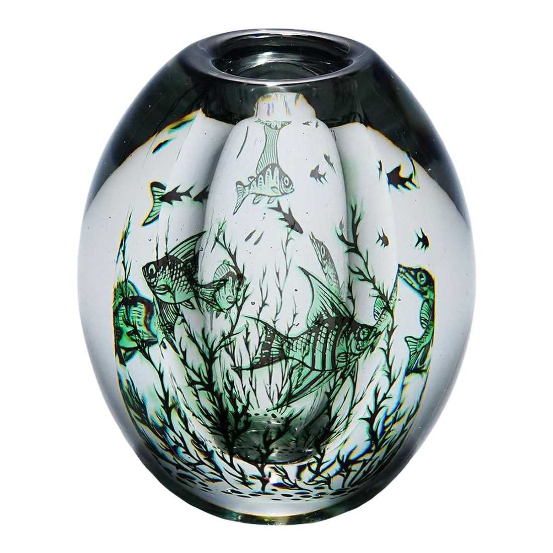 Vintage Fish Graal Vase by Edward Hald for Orrefors, Sweden 1963: Vintage Fish Graal Vase by Edward Hald for Orrefors, Sweden 1963 A early vase of the Graal series designed by Edward Hald for Orrefors Sweden in 1938. Clear and green glass decorated with underwater