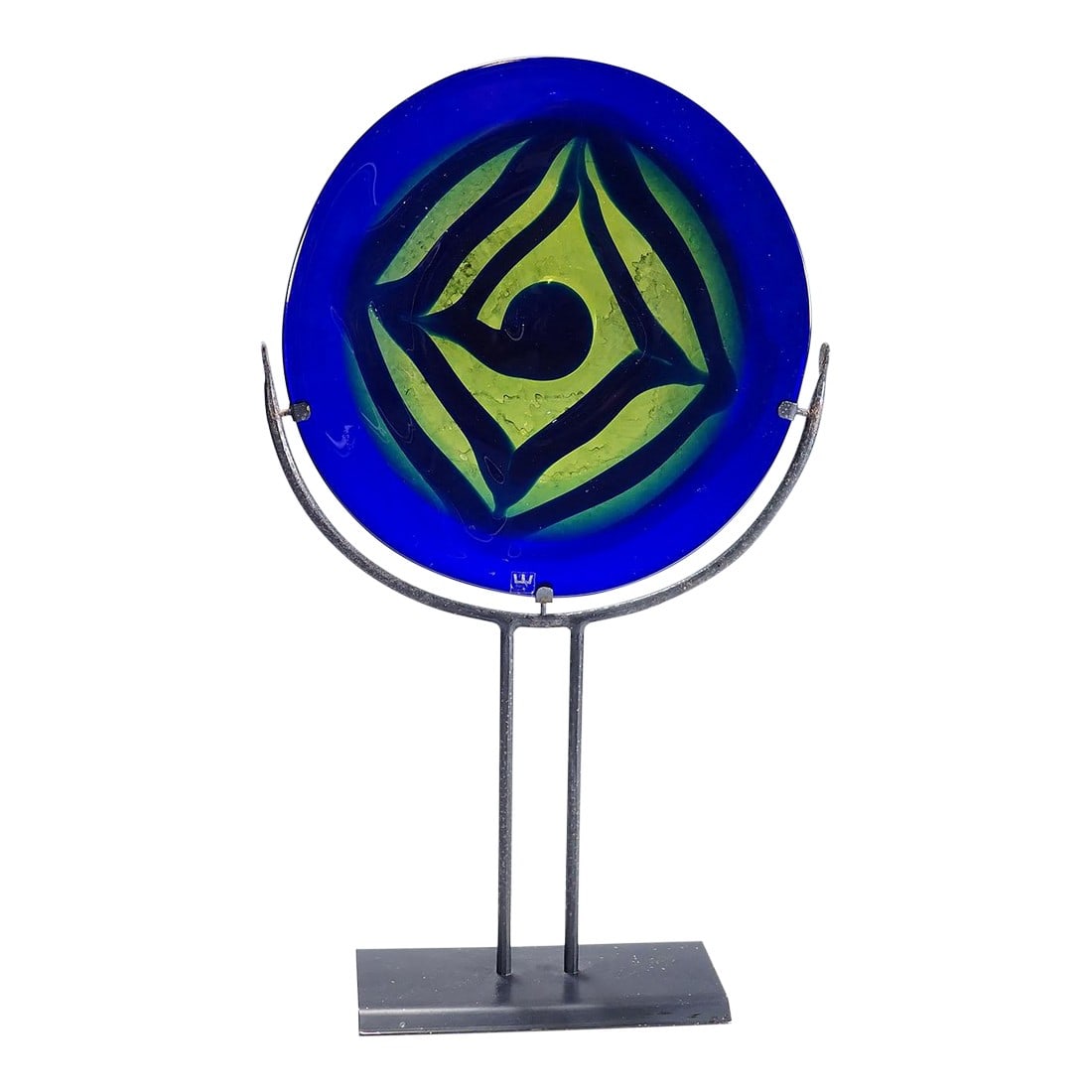 Vintage Crystal Art Glass Sculpture by Goeran Waerff for Kosta: Vintage Crystal Art Glass Sculpture by Goeran Waerff for Kosta A glass sculpture by Swedish glass artist Goeran Waerff for Kosta Boda. The sculpture consists of a round, blue and yellow glass disc