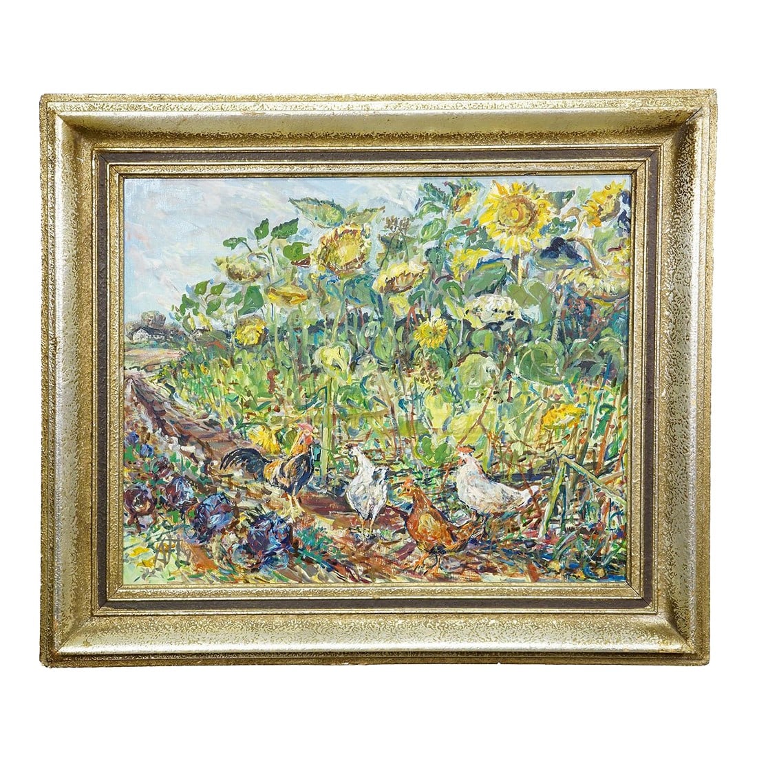 Sunflower Field With Chickens – Original Oil Painting by Alexander Michael, 1990: Sunflower Field with Chickens – Original Oil Painting by Alexander Michael, 1990 This vivid and detailed painting by Alexander Michael, dated 1990, captures the charm of rural life with a