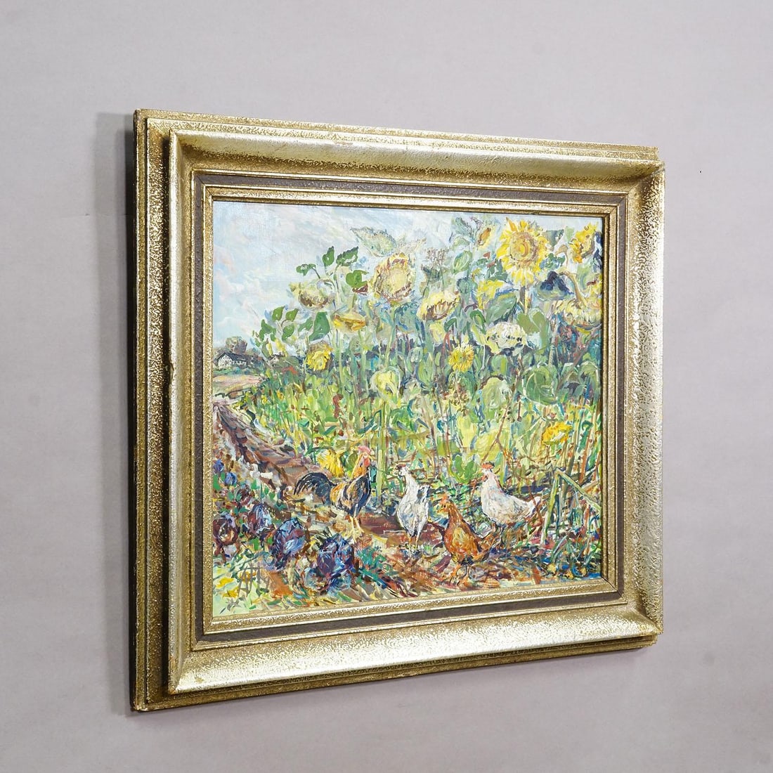 Sunflower Field With Chickens – Original Oil Painting by Alexander Michael, 1990 - 3