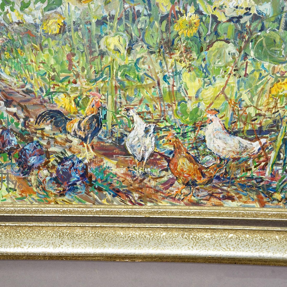 Sunflower Field With Chickens – Original Oil Painting by Alexander Michael, 1990 - 5