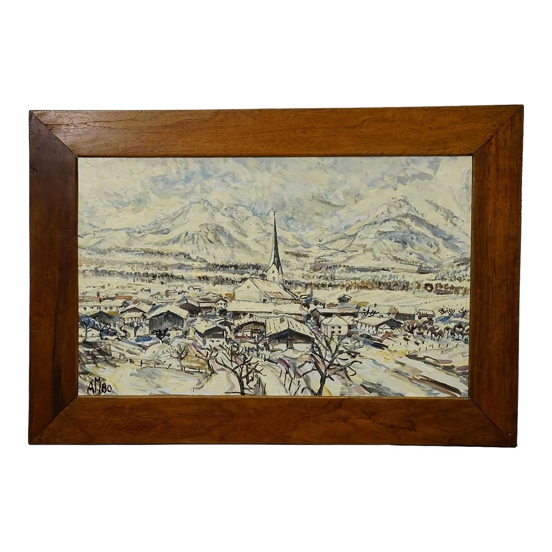 Alexander Michael Oil Painting of Bergen in Winter 1980: Alexander Michael Oil Painting of Bergen in Winter 1980 An atmospheric winter painting by artist Alexander Michael, created in 1980. The snow-covered city of Bergen unfolds in cool, muted tones, with