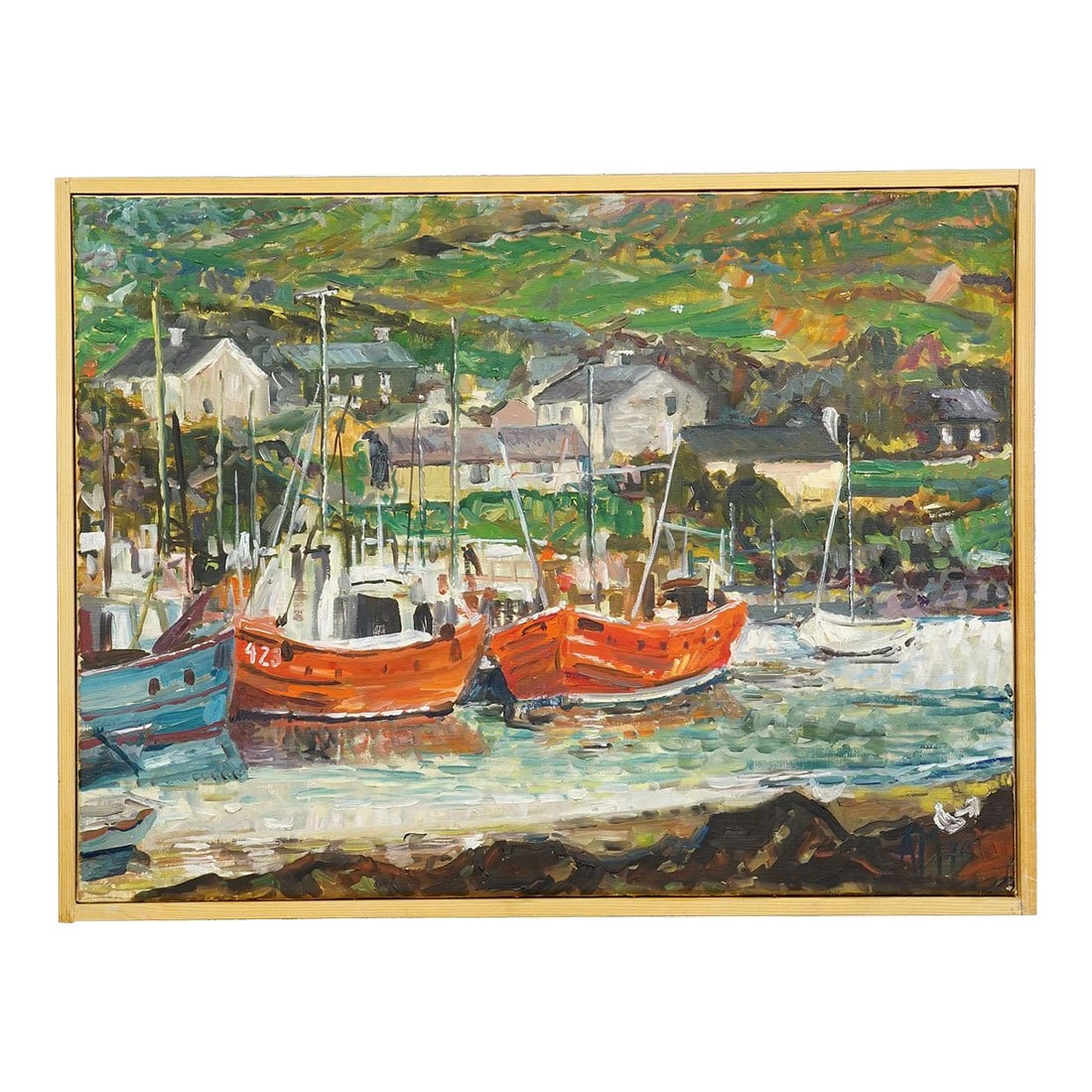 Alexander Michael Oil Painting – Fishing Boats in Ireland, 1976: Alexander Michael Oil Painting – Fishing Boats in Ireland, 1976 Painted in 1976, this vivid seascape captures a quiet irish harbor with brightly painted fishing boats gently resting in the