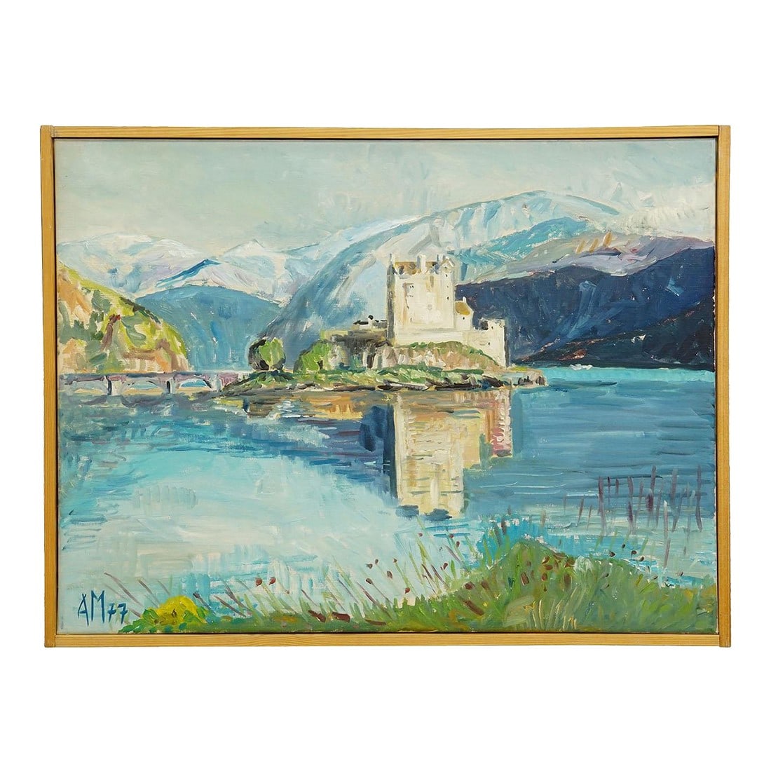 Eilean Donan Castle, Scotland, 1977 – Oil Painting by Alexander Michael: Eilean Donan Castle, Scotland, 1977 – Oil Painting by Alexander Michael The painting 'Eilean Donan Castle, Scotland', dated 1977, by Alexander Michael, captures the iconic silhouette of the High