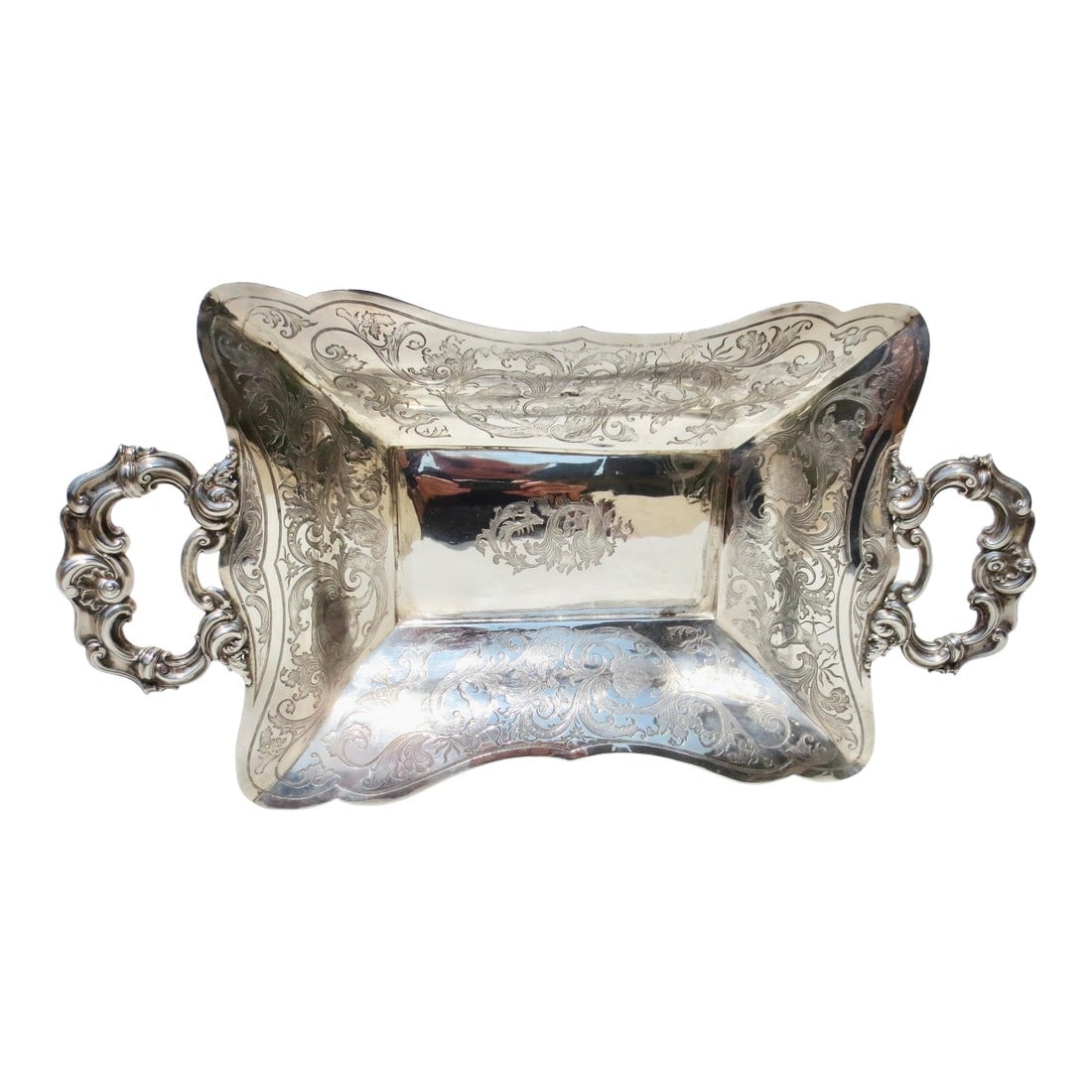 800 Silver Hunt Tray for Game Austro Hungarian Mid 19th 12 Ounces: A Fine Beaux Arts serving tray with game motifs. Hunting lodge motifs for game tray. A hunter with a bow and arrow, facing a lion patterned in the scrolling borders and a medallion in the center,