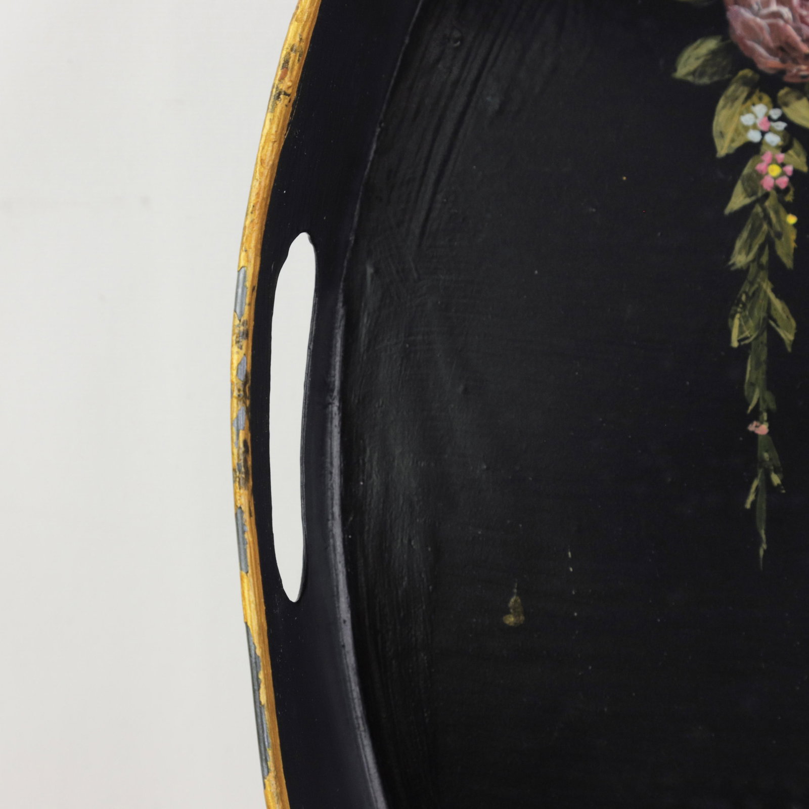 Vintage Hand Painted Tole Tray Black Lacquer With Classical Cameo Portrait and Golden Owl Motif - 11
