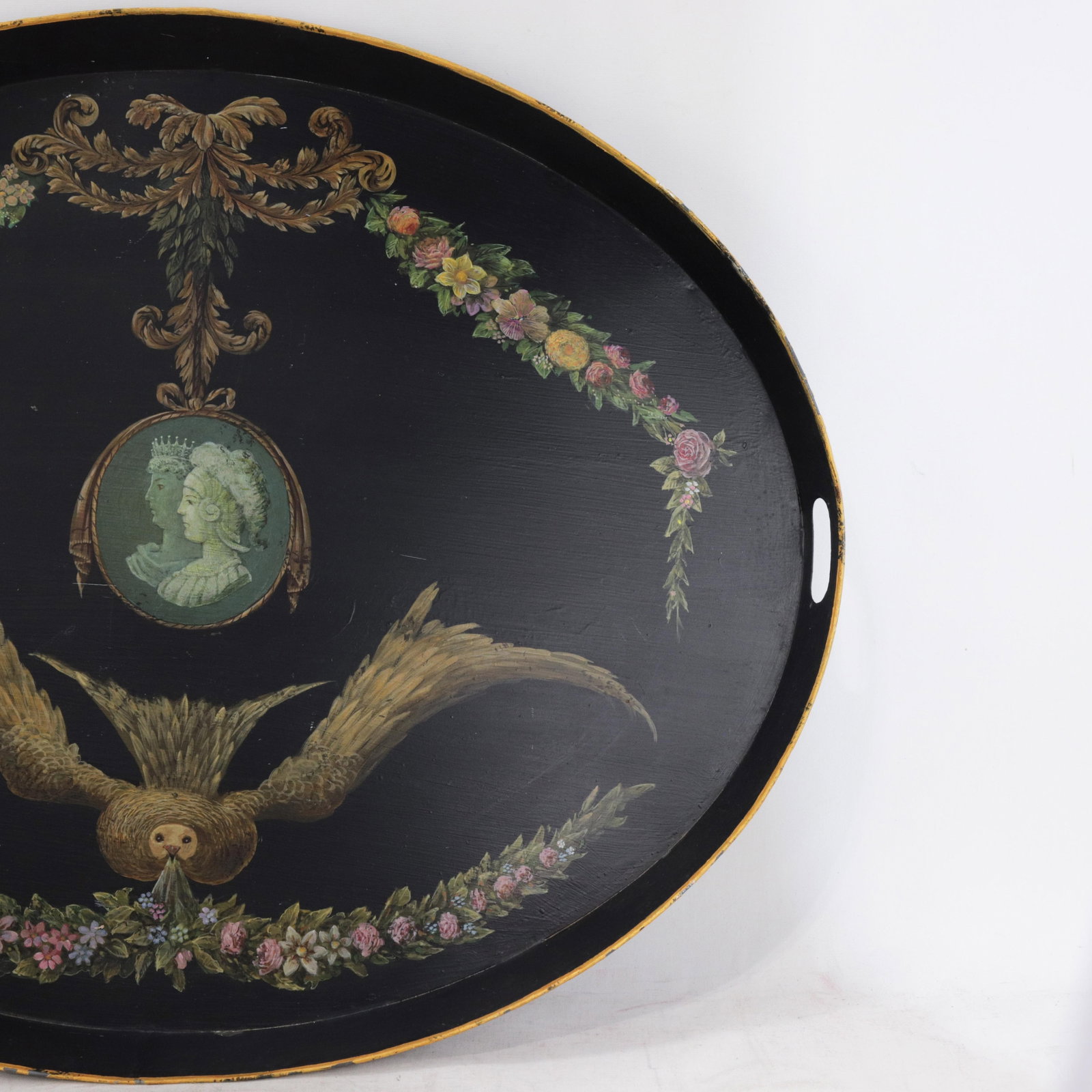 Vintage Hand Painted Tole Tray Black Lacquer With Classical Cameo Portrait and Golden Owl Motif - 13