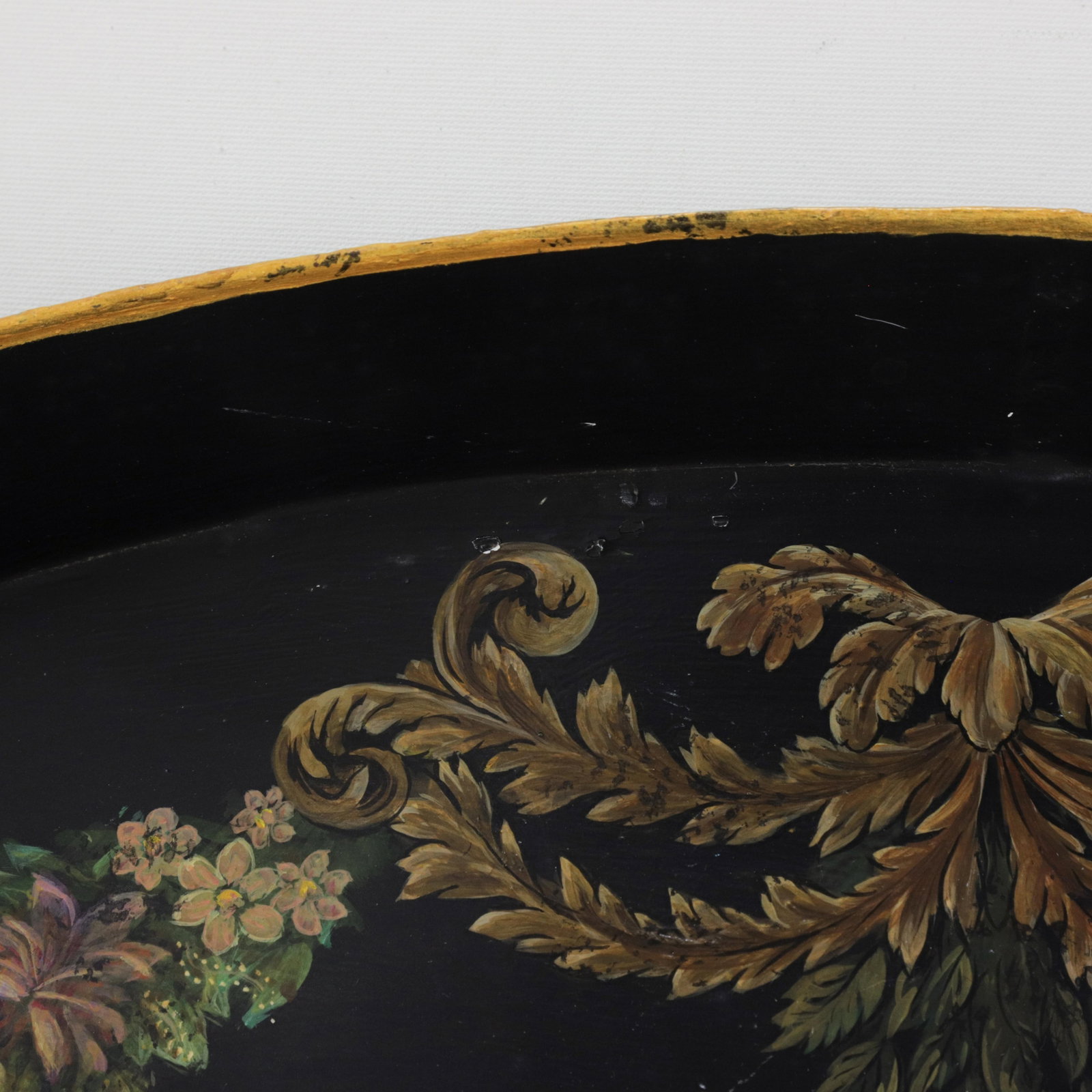Vintage Hand Painted Tole Tray Black Lacquer With Classical Cameo Portrait and Golden Owl Motif - 14
