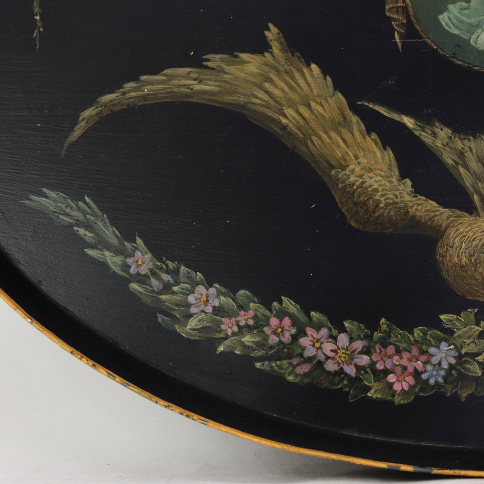 Vintage Hand Painted Tole Tray Black Lacquer With Classical Cameo Portrait and Golden Owl Motif - 15