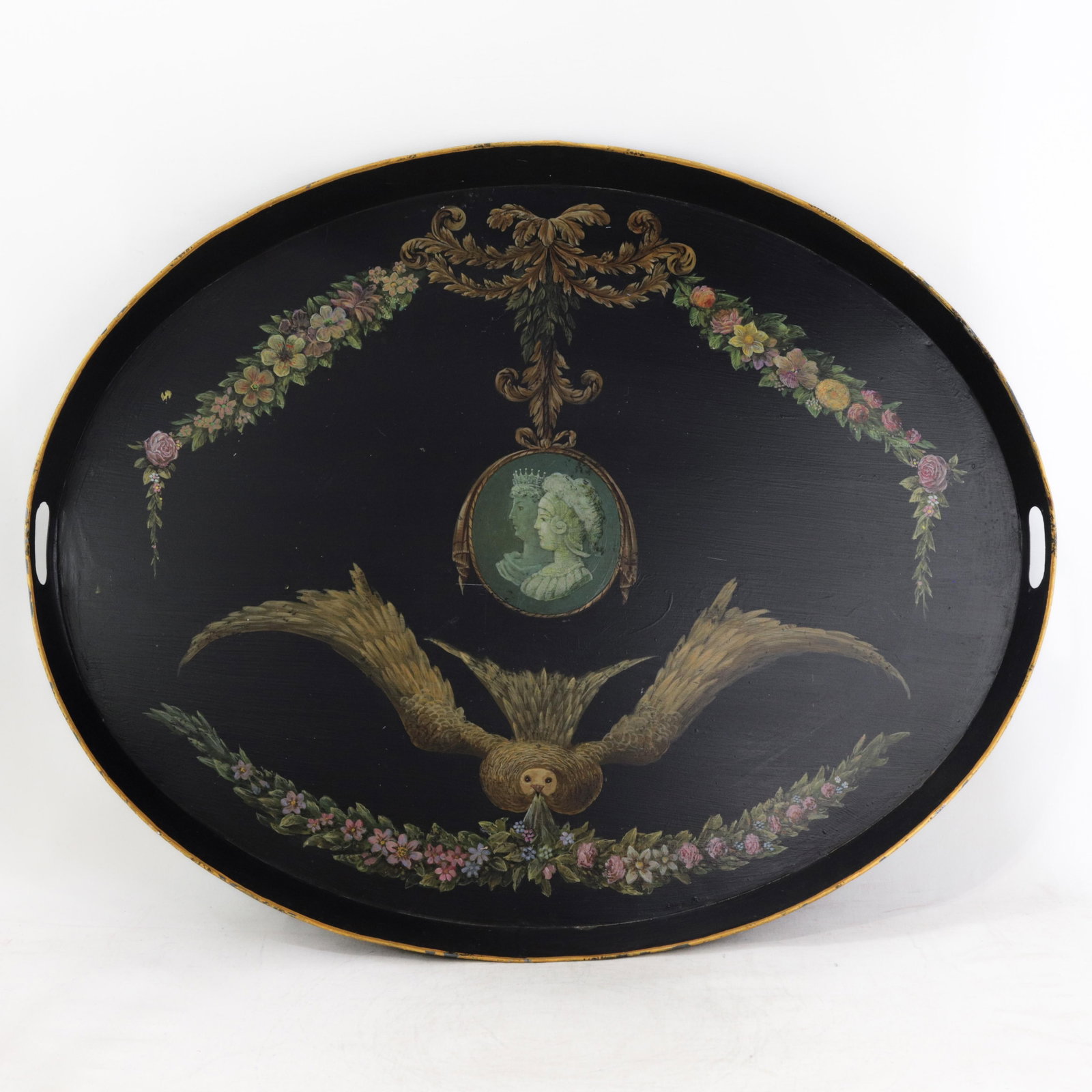 Vintage Hand Painted Tole Tray Black Lacquer With Classical Cameo Portrait and Golden Owl Motif - 18