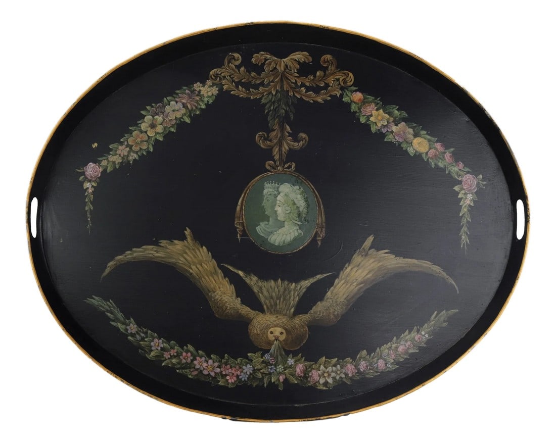 Vintage Hand Painted Tole Tray Black Lacquer With Classical Cameo Portrait and Golden Owl Motif: This elegant vintage oval tole tray is finished in a deep black lacquer and features a sophisticated hand-painted neoclassical design. At the center is a delicate green-ground cameo medallion