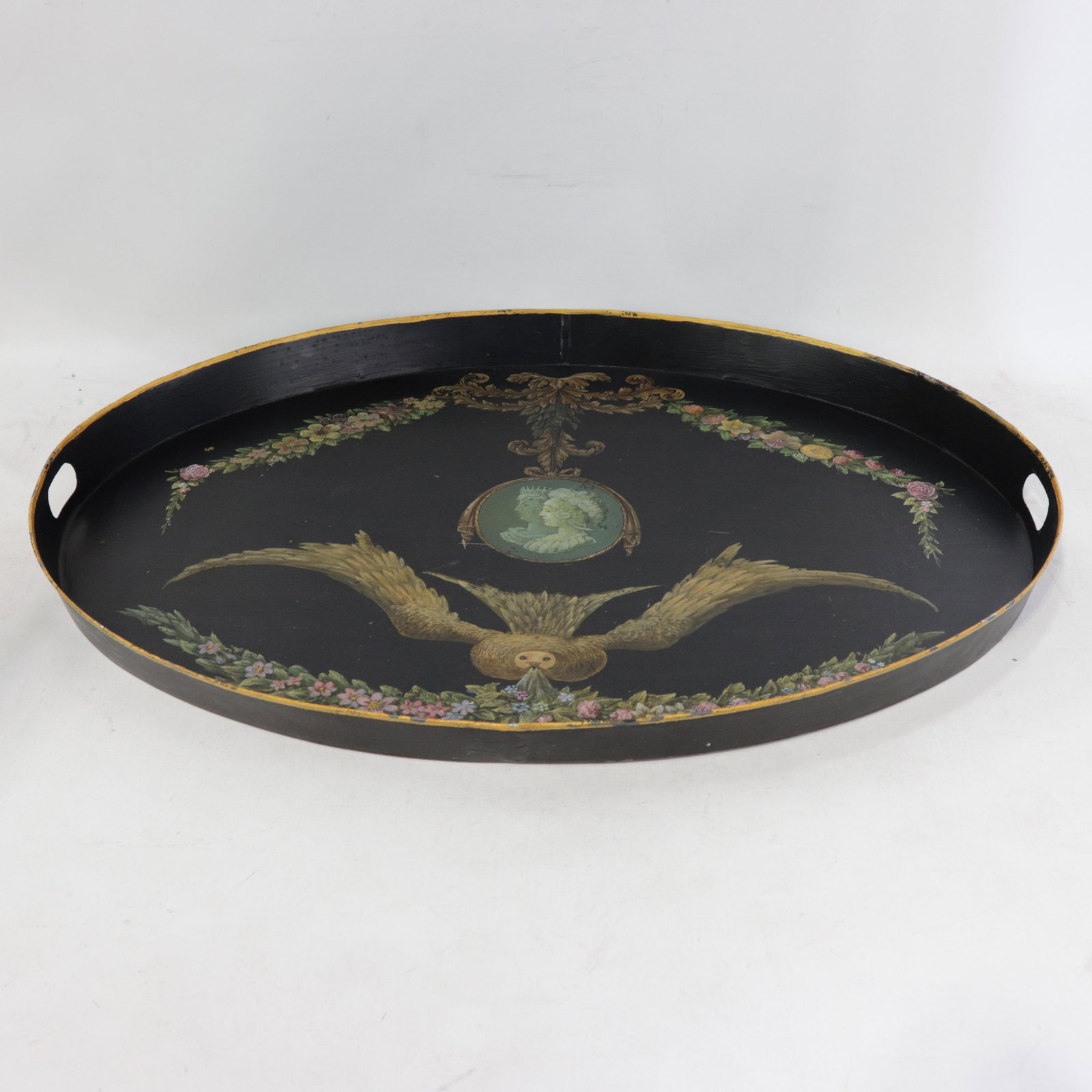 Vintage Hand Painted Tole Tray Black Lacquer With Classical Cameo Portrait and Golden Owl Motif - 2
