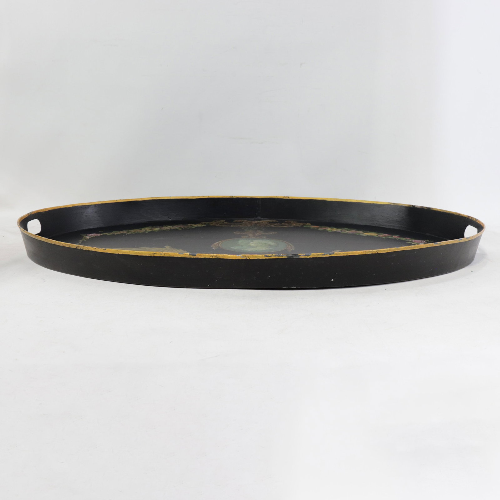 Vintage Hand Painted Tole Tray Black Lacquer With Classical Cameo Portrait and Golden Owl Motif - 3