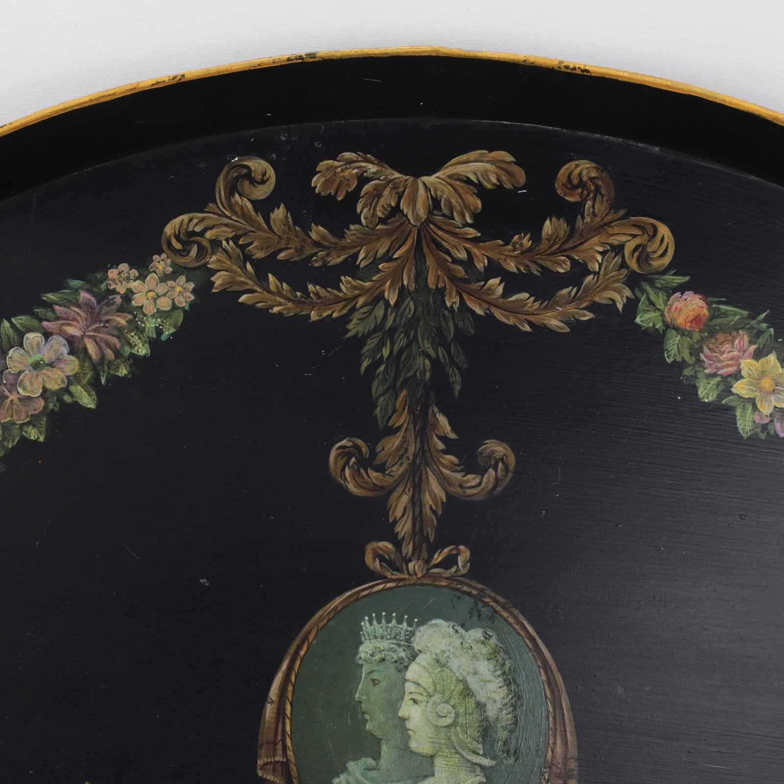 Vintage Hand Painted Tole Tray Black Lacquer With Classical Cameo Portrait and Golden Owl Motif - 4