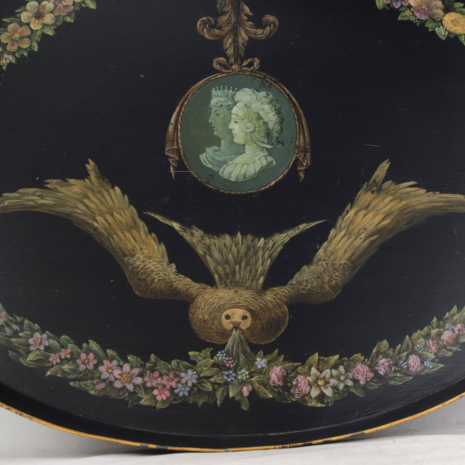 Vintage Hand Painted Tole Tray Black Lacquer With Classical Cameo Portrait and Golden Owl Motif - 5
