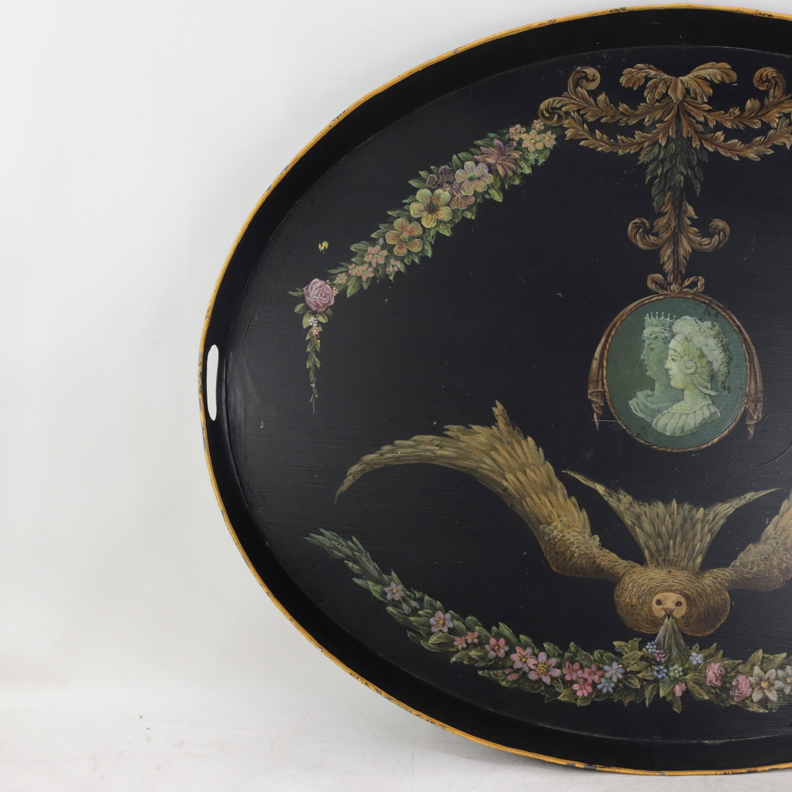 Vintage Hand Painted Tole Tray Black Lacquer With Classical Cameo Portrait and Golden Owl Motif - 6