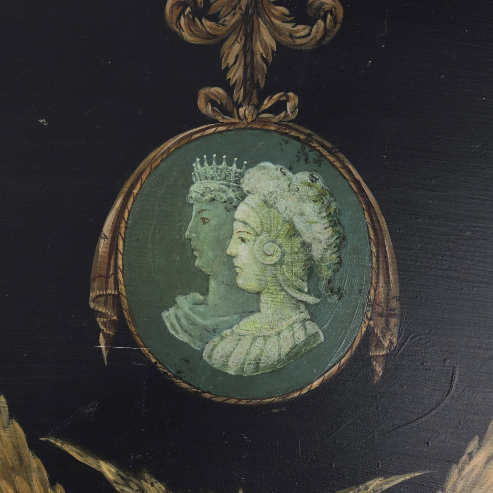 Vintage Hand Painted Tole Tray Black Lacquer With Classical Cameo Portrait and Golden Owl Motif - 7
