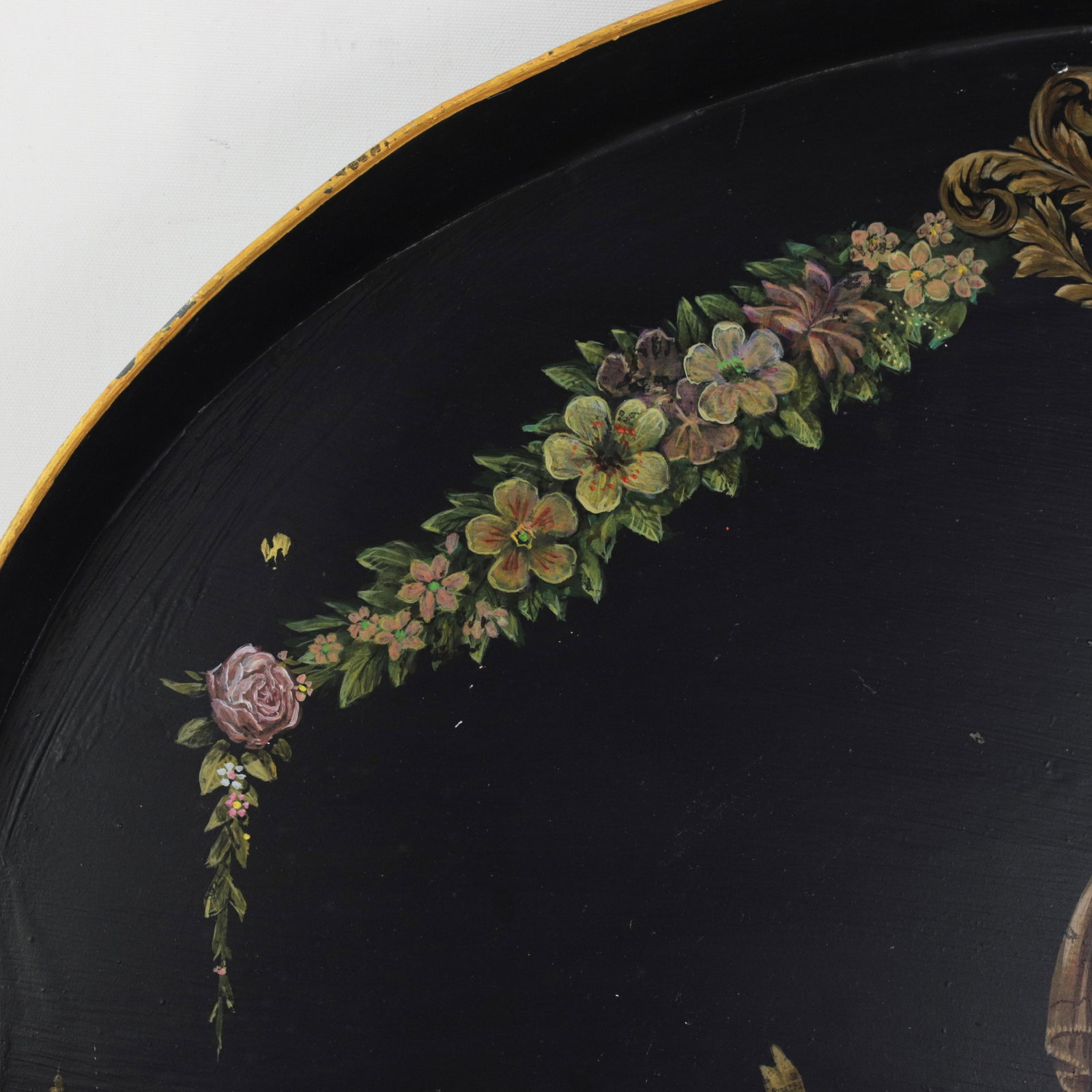 Vintage Hand Painted Tole Tray Black Lacquer With Classical Cameo Portrait and Golden Owl Motif - 8