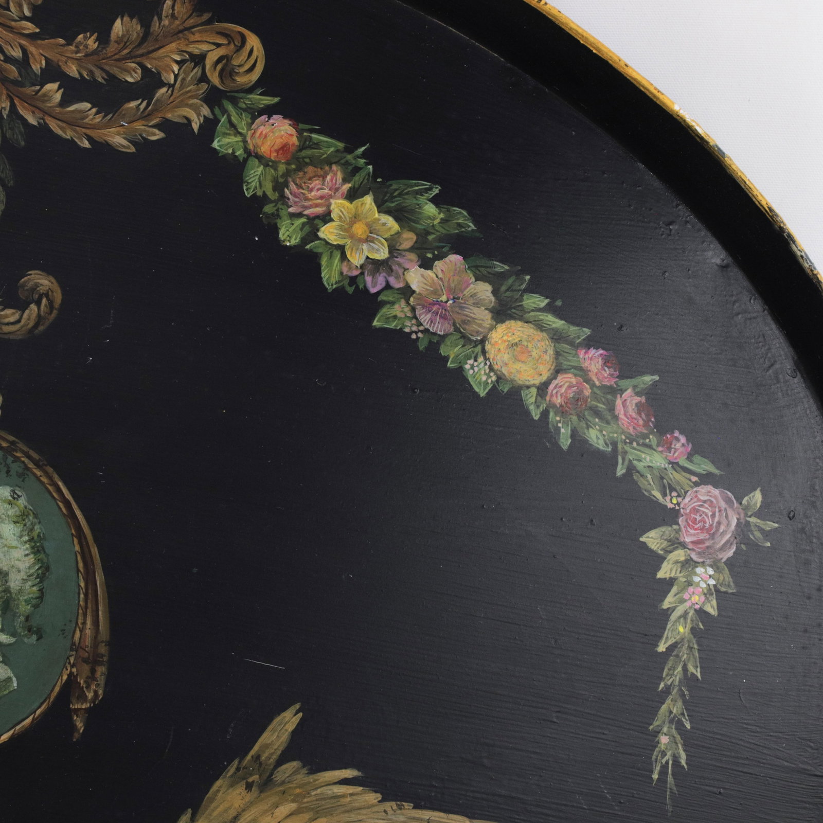 Vintage Hand Painted Tole Tray Black Lacquer With Classical Cameo Portrait and Golden Owl Motif - 9