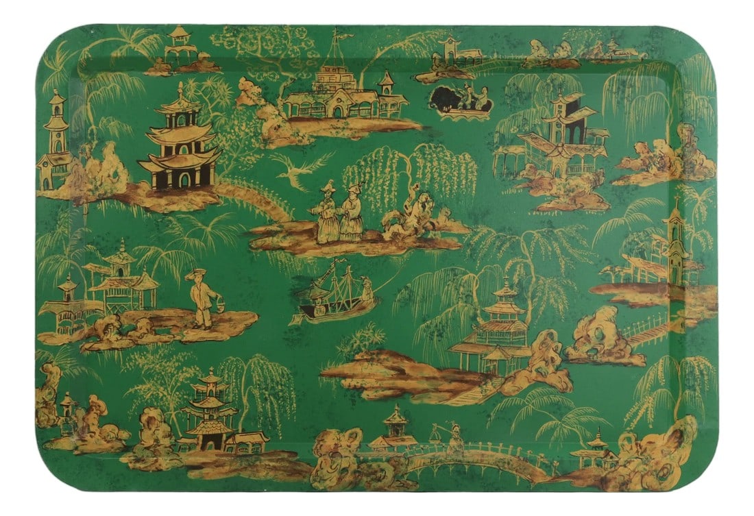 Vintage Hand Painted Chinoiserie Tole Tray Emerald Green and Gold Lacquer Rectangular Serving Tray: This stunning vintage hand-painted Chinoiserie tole tray features a vibrant emerald green lacquer finish adorned with an intricate, all-over golden landscape. The detailed scene captures a classic ori