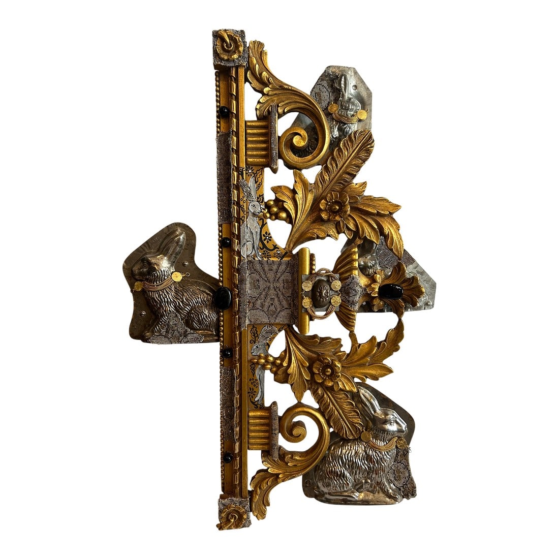 Art Nouveau Bunnies Wall Sculpture: Fantastic and fun mixed media wall sculpture titled "Art Nouveau Bunnies" incorporating found ornate giltwood fragment, cast metal bunny chocolate molds, and other vintage ephemera. The combination of