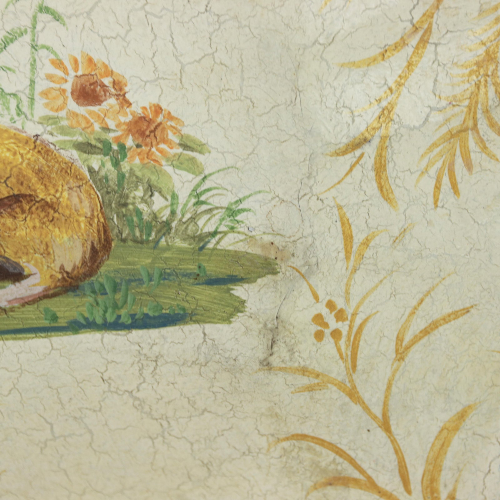 Vintage Hand Painted Tole Tray Cream With Dog and Sunflower Motif Scalloped Serving Tray - 11