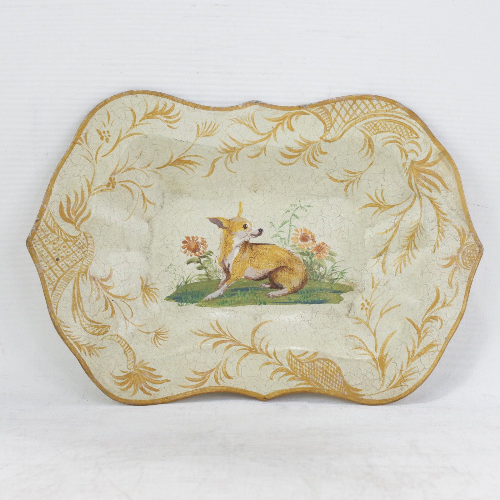 Vintage Hand Painted Tole Tray Cream With Dog and Sunflower Motif Scalloped Serving Tray - 13
