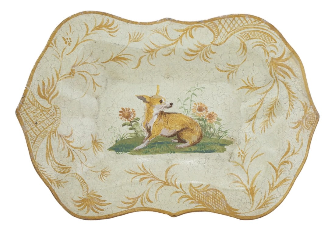 Vintage Hand Painted Tole Tray Cream With Dog and Sunflower Motif Scalloped Serving Tray (1 of 13)