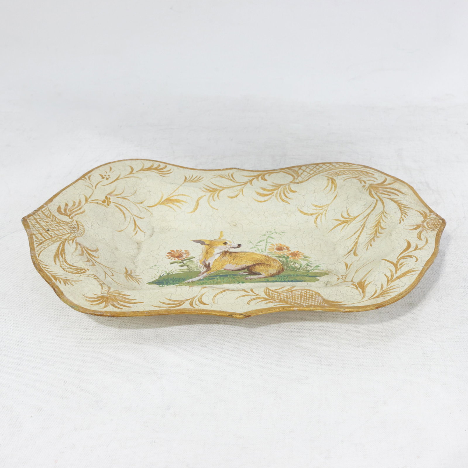 Vintage Hand Painted Tole Tray Cream With Dog and Sunflower Motif Scalloped Serving Tray - 2