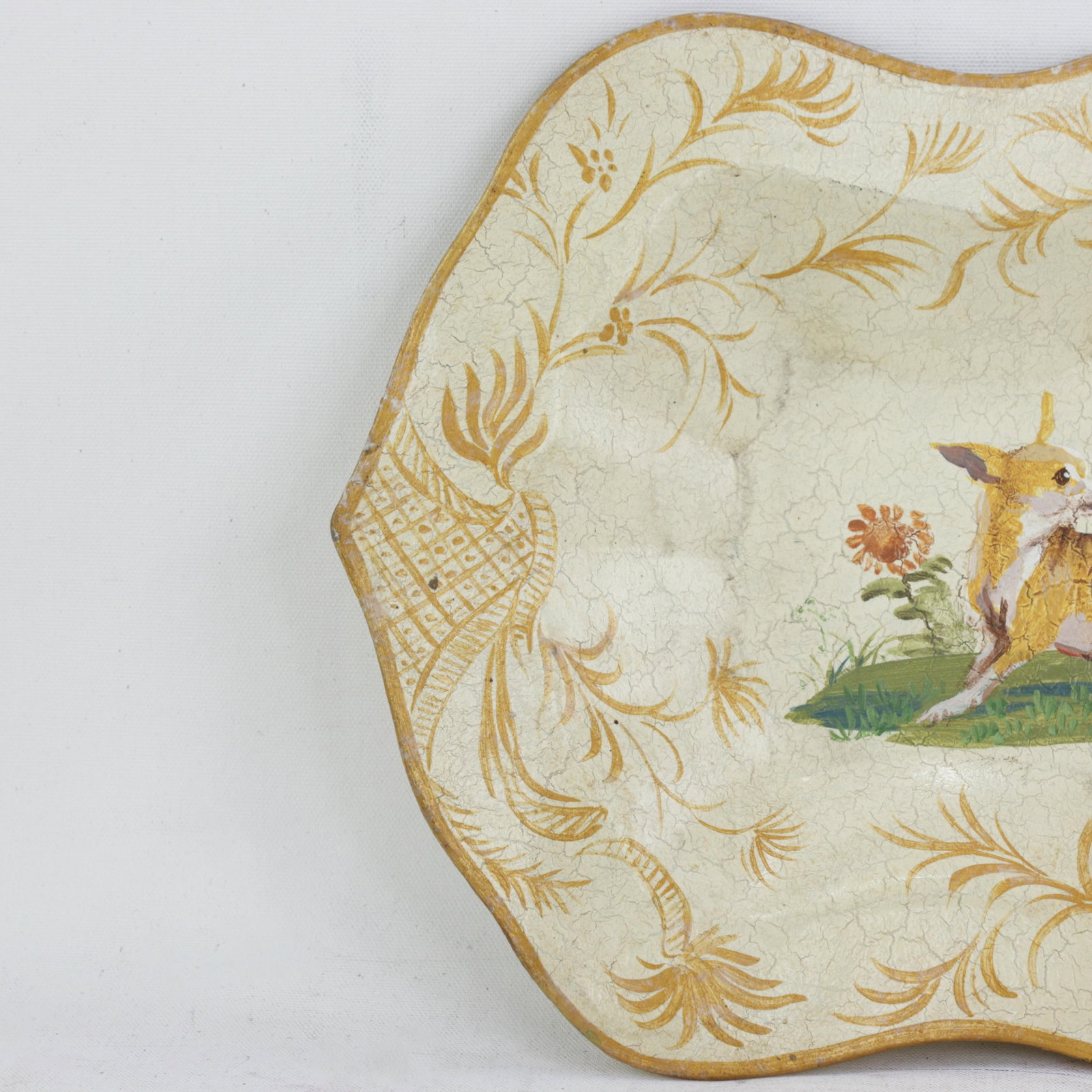 Vintage Hand Painted Tole Tray Cream With Dog and Sunflower Motif Scalloped Serving Tray - 3