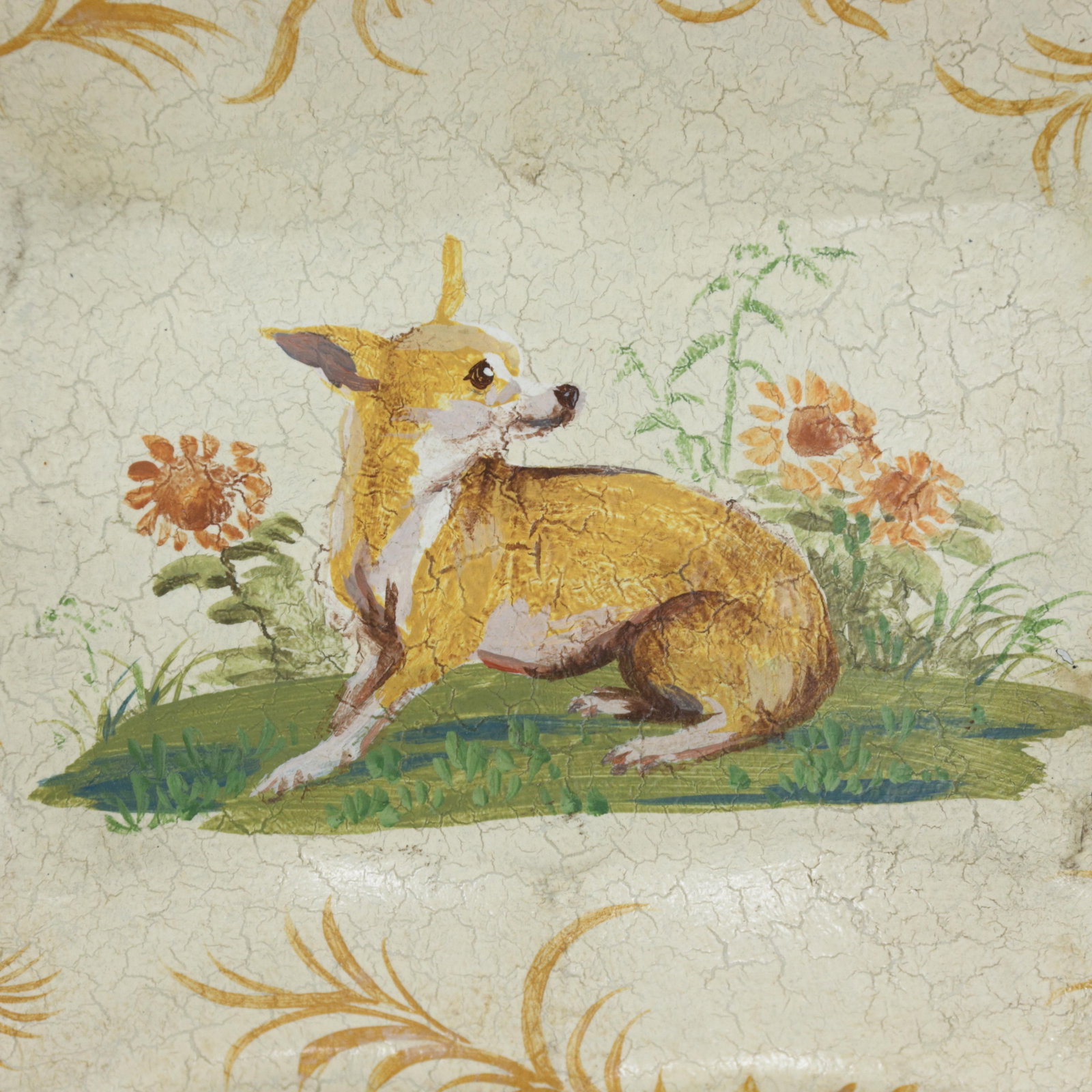 Vintage Hand Painted Tole Tray Cream With Dog and Sunflower Motif Scalloped Serving Tray - 4
