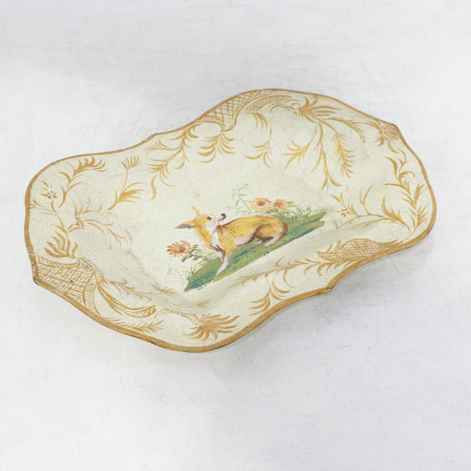 Vintage Hand Painted Tole Tray Cream With Dog and Sunflower Motif Scalloped Serving Tray - 5