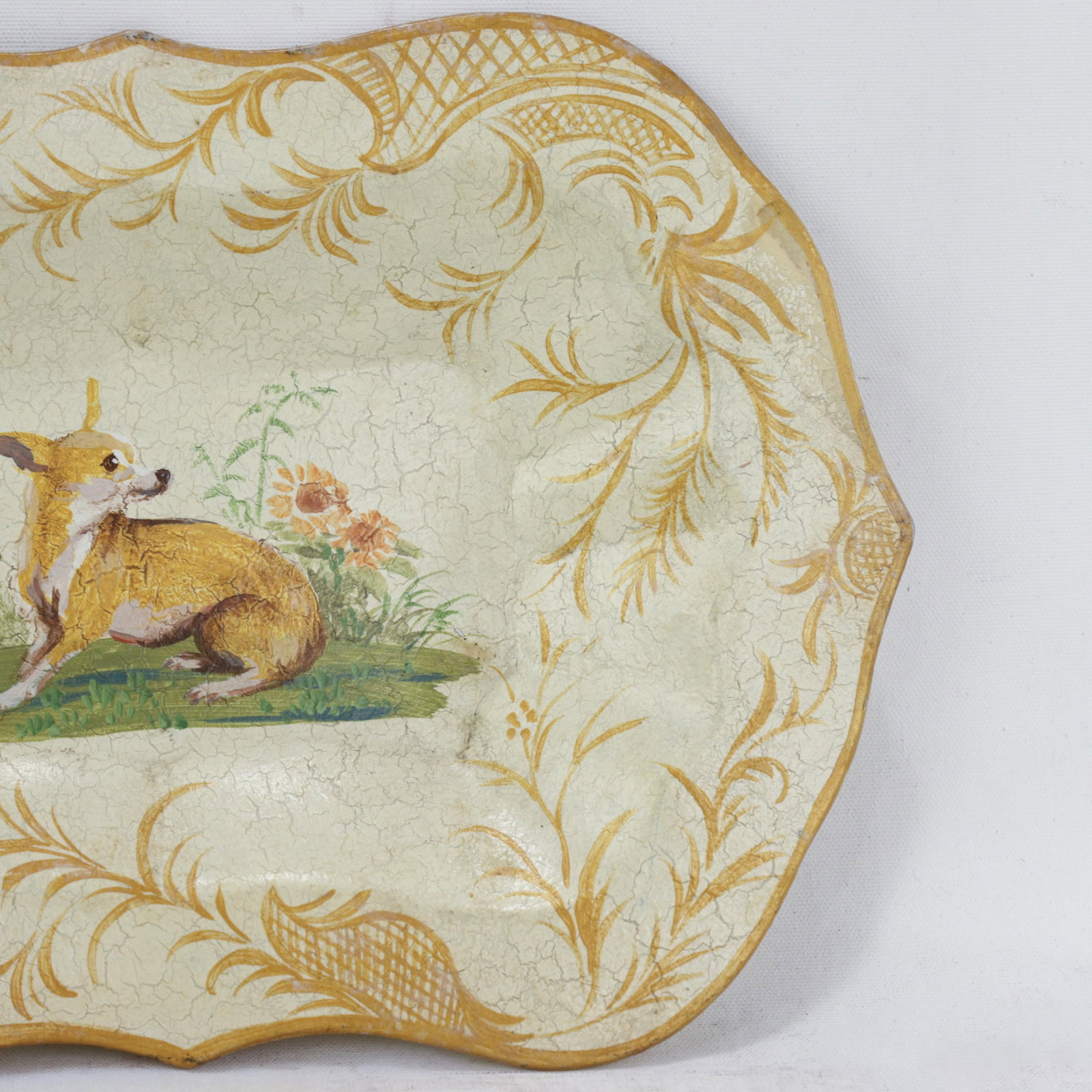 Vintage Hand Painted Tole Tray Cream With Dog and Sunflower Motif Scalloped Serving Tray - 7