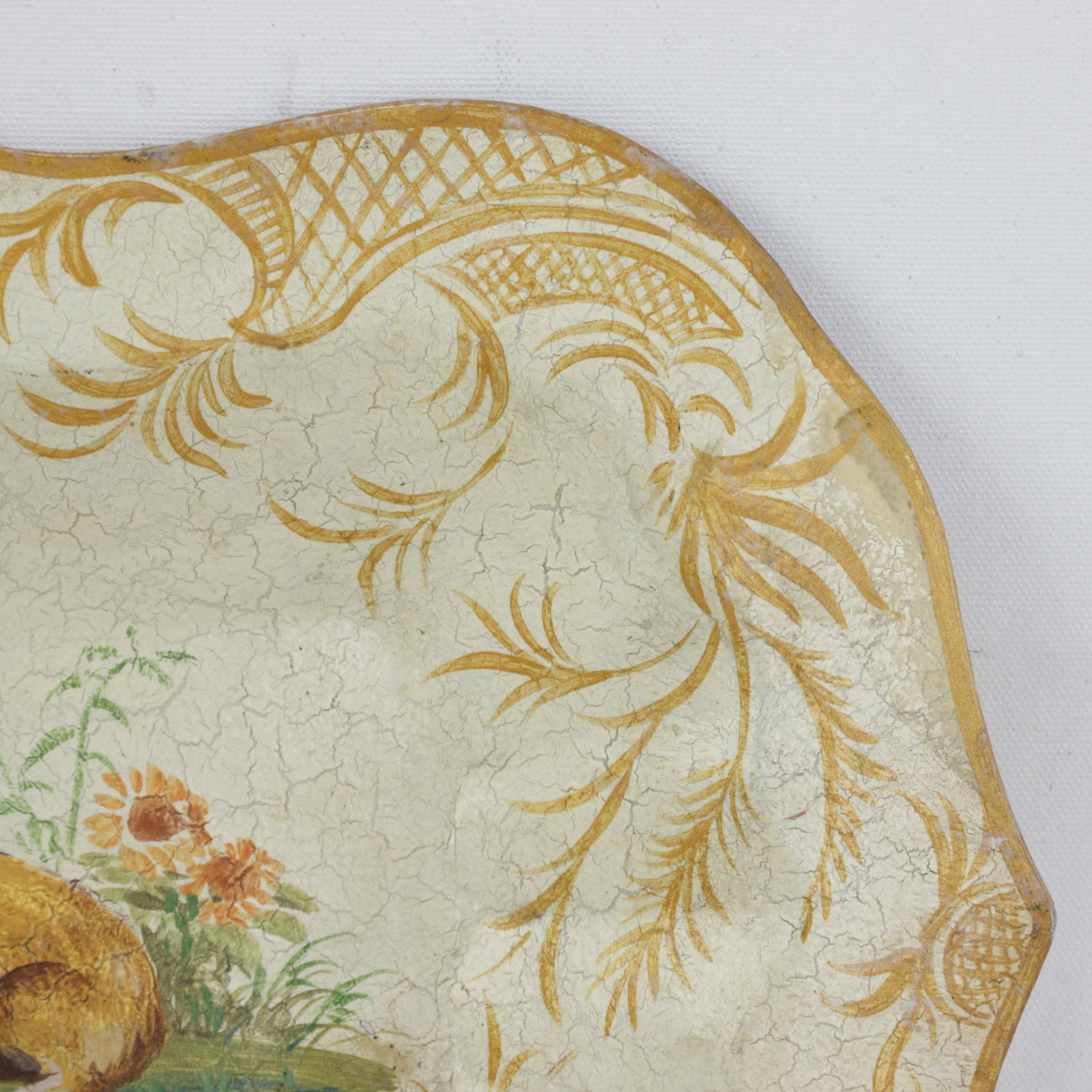 Vintage Hand Painted Tole Tray Cream With Dog and Sunflower Motif Scalloped Serving Tray - 8