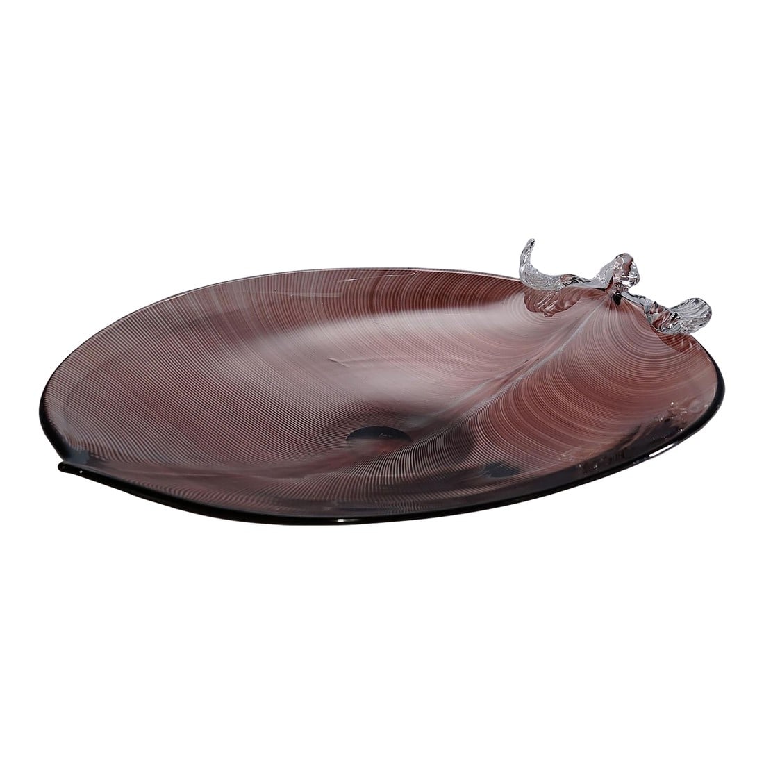 Vintage Tessuto Plate by Tyra Lundgren for Venini, Murano: Vintage Tessuto Plate by Tyra Lundgren for Venini, Murano A large tessuto glass plate made of transparent glass decorated with fine red canes and an iridized surface. The plate has a pair of applied l