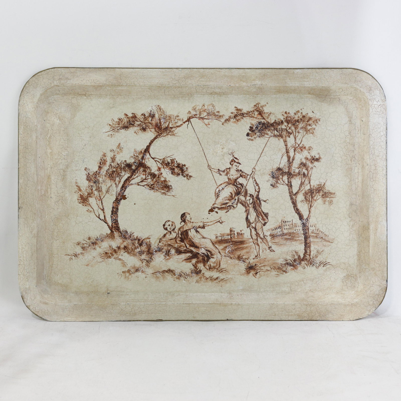 Vintage Hand Painted Tole Tray Cream With Sepia Rococo Garden Swing Scene Rectangular Serving Tray - 13